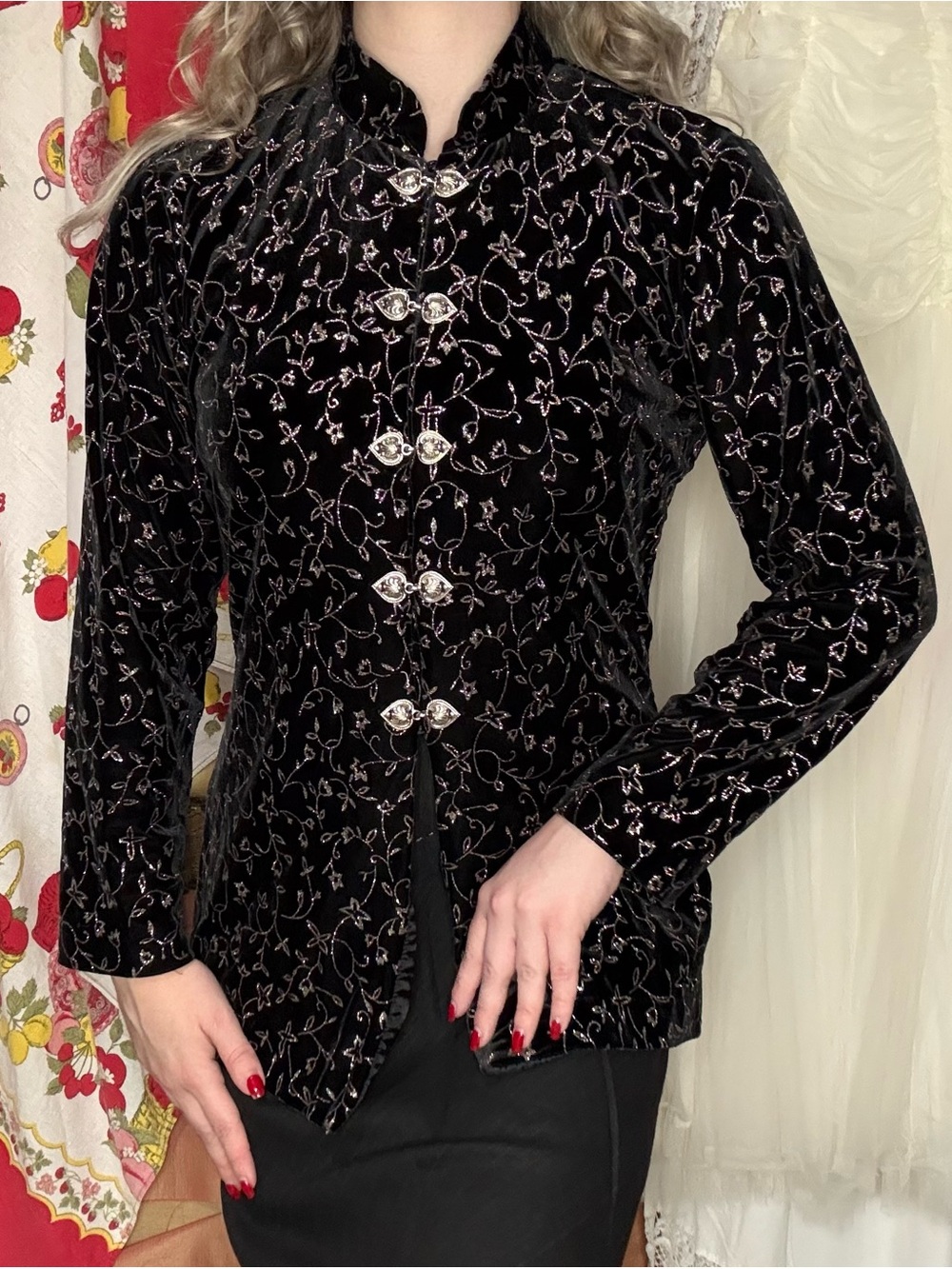 Vintage 90’s J.B.S. Black Velvet Sparkle Vines Mandarin Jacket